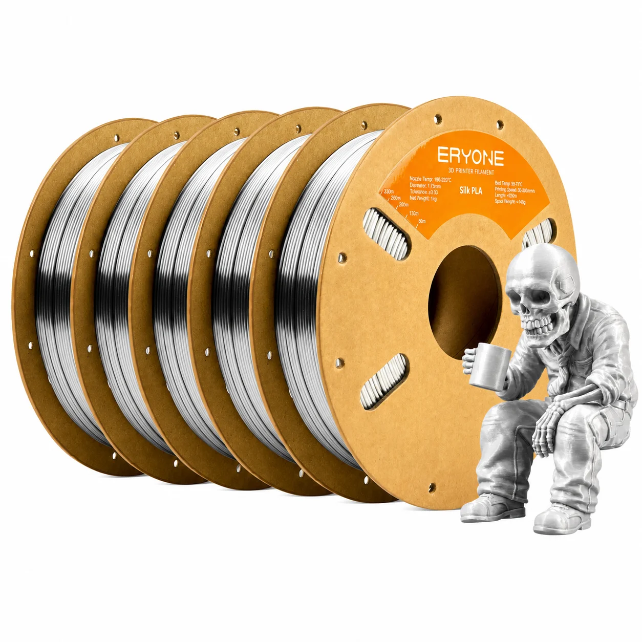 ERYONE 5KG Seiden-PLA-Filament 1,75mm, Einfarbiges Glänzendes 3D-Drucker-Filament, Hochglänzende Metallische Oberfläche, 5kg Großpackung 5 Spulen, Bestseller, Versand aus Deutschland