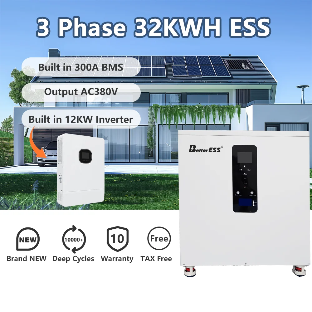 BetterESS All in One 32KWh 3-Phase Lifepo4 Battery 48V 628Ah Powerwall Buitl-in 12KW Inverter MPPT ESS Home Solar Energy