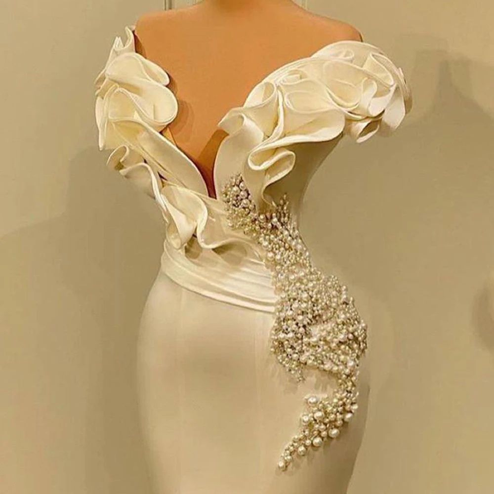 Long Luxury Evening Dresses 2023 Off The Shoulder Pearl White Satin Mermaid Dubai Women Formal Occasion Prom Party Gowns Vestido