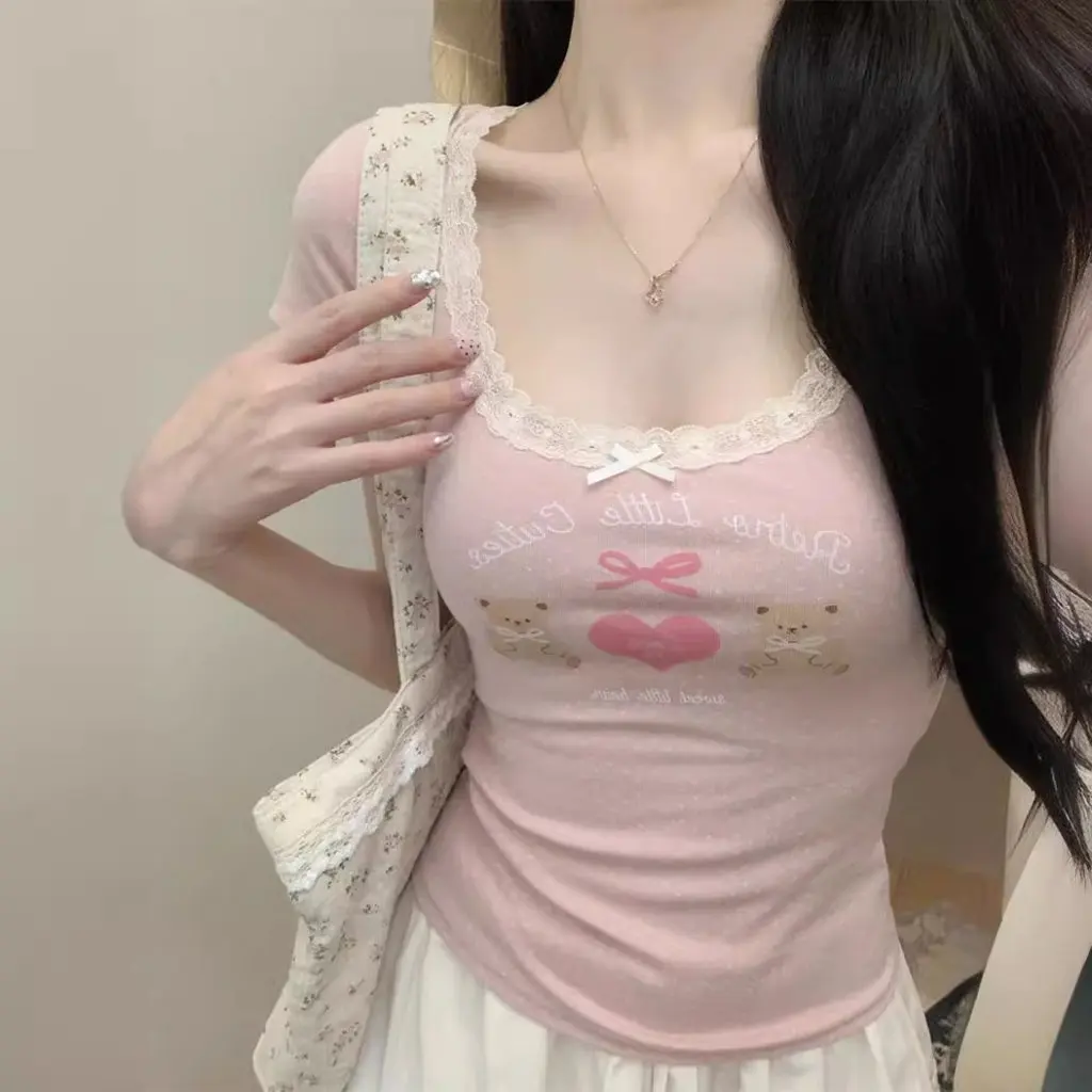 

Little Bear Women's Slim-fit T-shirt Love Song Gentle Atmosphere Soft Lace Polka Dot Short-sleeved Pure Desire Sweet Top