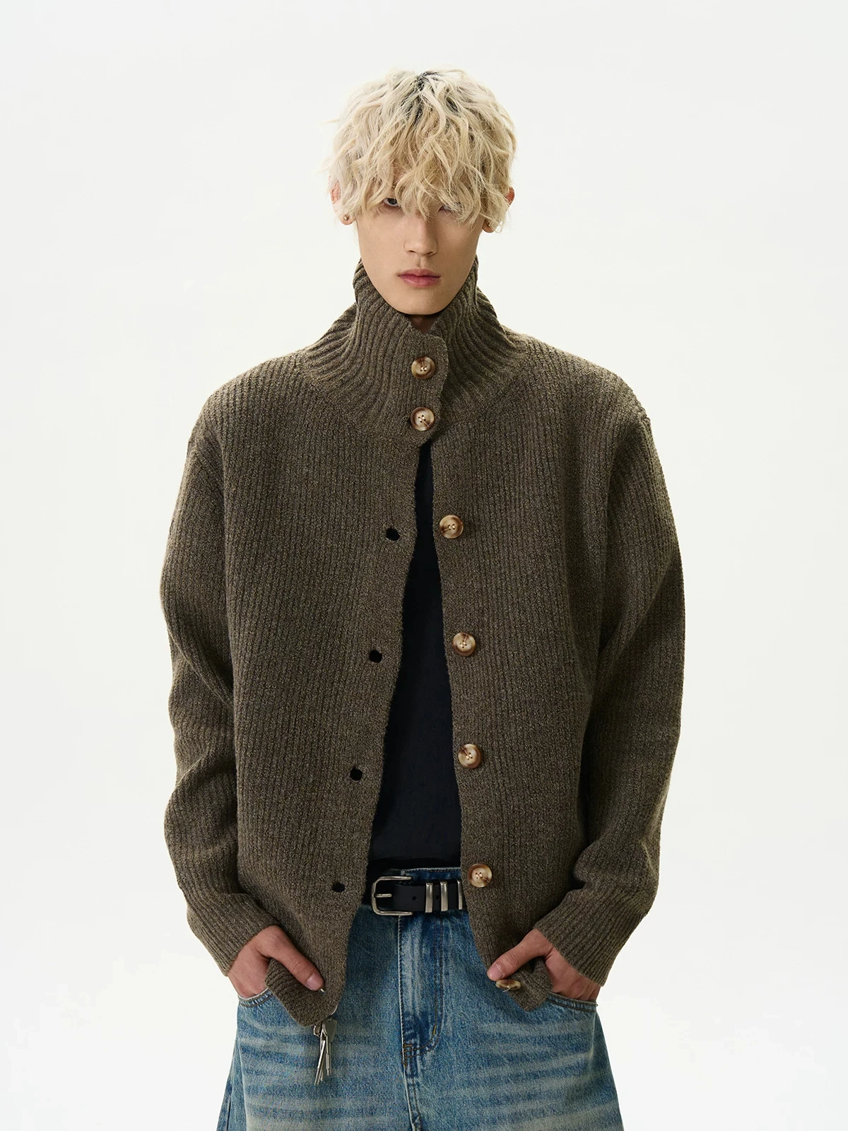 Retro American Atmosphere Button Stand Collar Cardigan Sweater Men's Autumn Winter Versatile Lazy Knitted Shirt Warmth