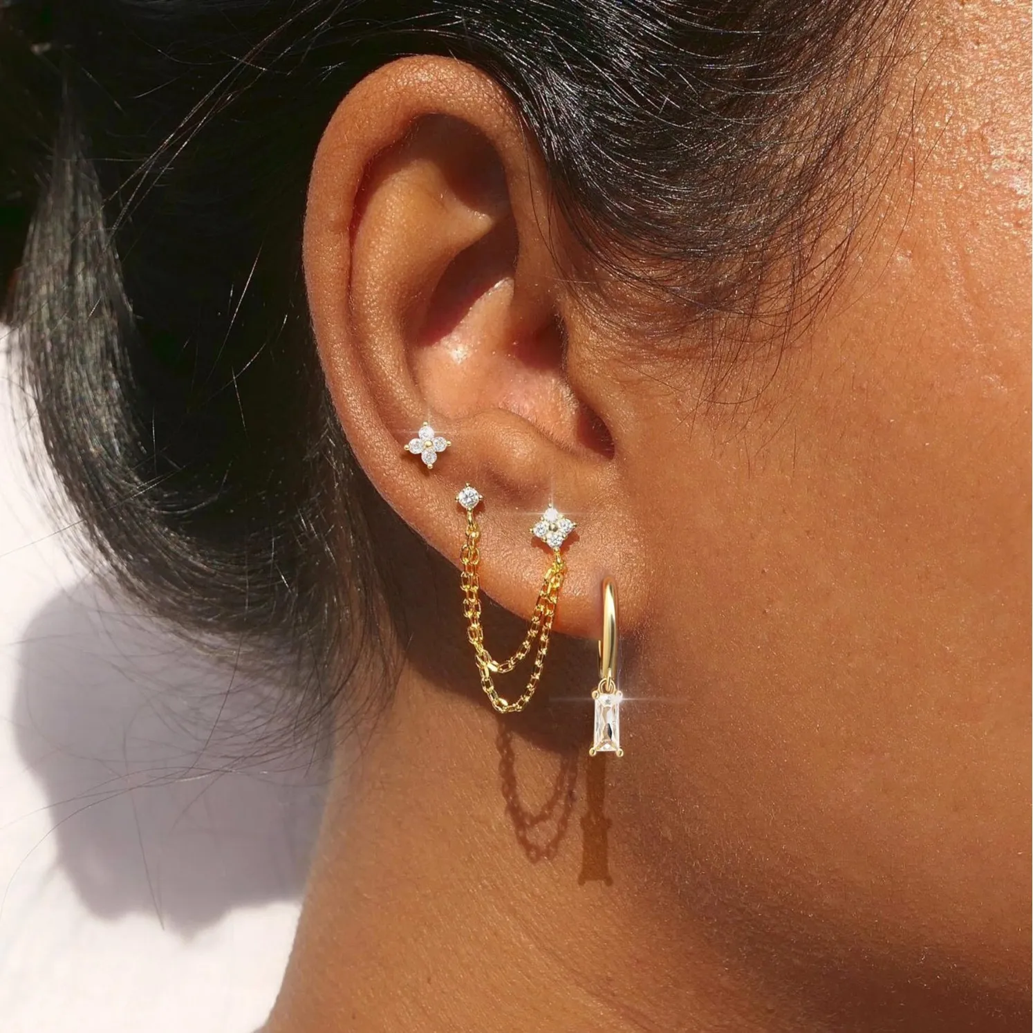 3PCS Trendy Cubic Zirconia Flower Tassel Chain Stud Earrings Set for Women Tiny Geometric Crystal Multiple Ear Piercing Huggies