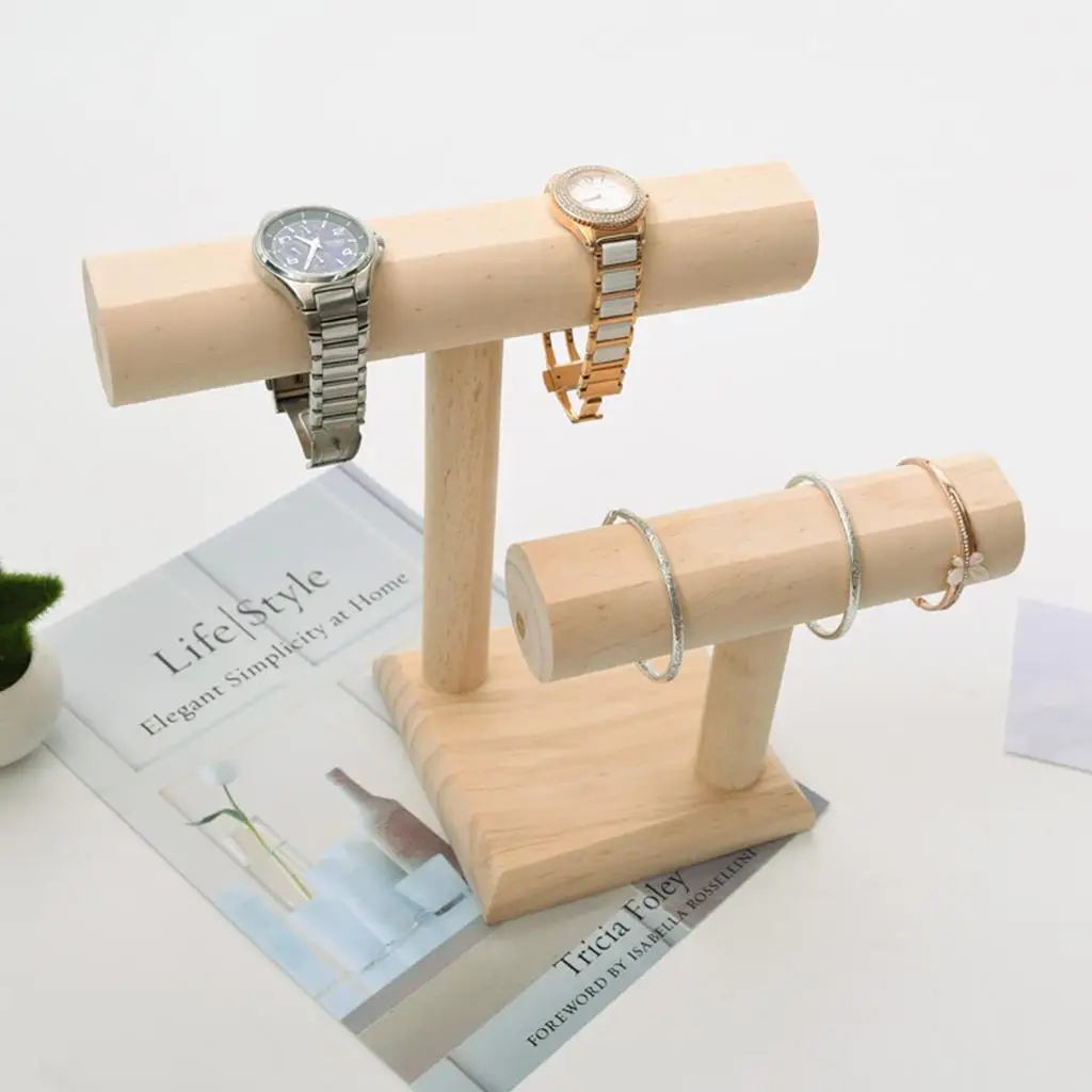 Natural Wood Jewelry Organizer Display  2 Tier, Necklace Bracelet and Watch Holder Display Stand, Wooden  Table Top Jewelry