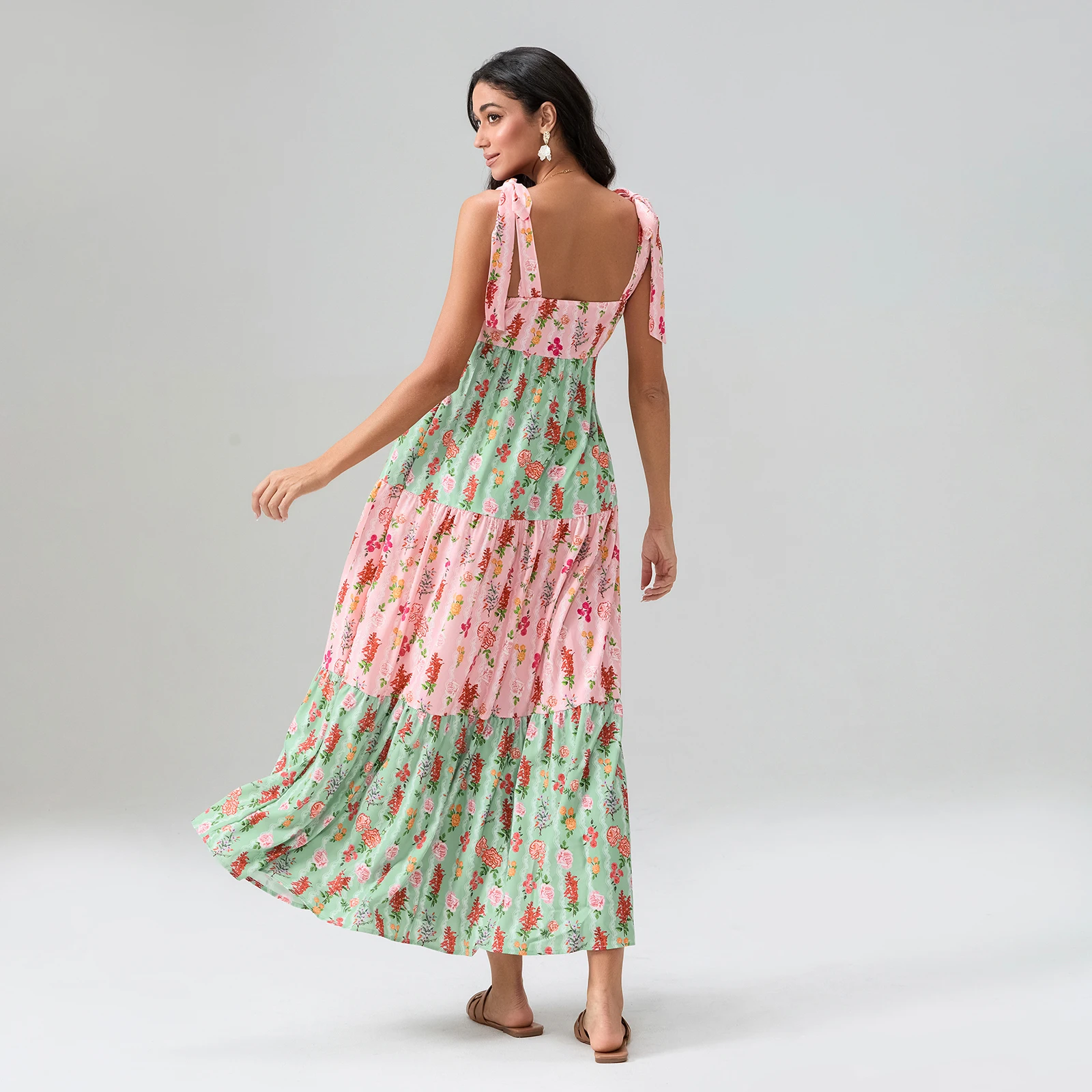 Floral Print Tie-Up Shoulder Strap Long Dress Women\'s Bohemian Summer Sleeveless Flowy A-line Tank Dress for Vacation Beach