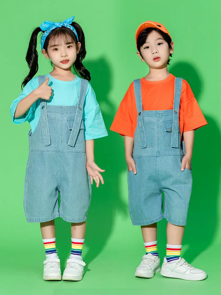 Denim Jeans Overall T Shirt Children Ballroom Jazz Dancing Clothes Hip Hop Costumes for Girls Boys Dancewear Street Dance Wear