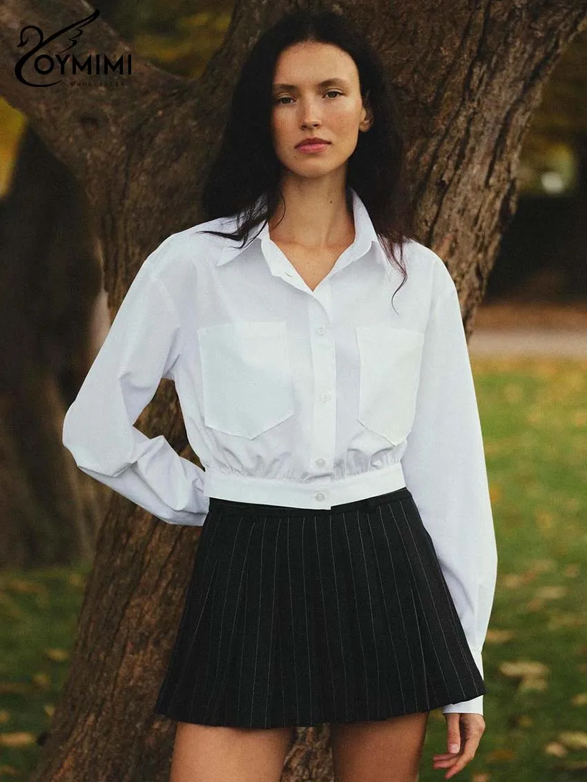 Oymimi Fashion White Cotton Women's Shirt Elegant Peter Pan Collar Long Sleeve Blouses Casual Single Breasted Pockets Shirts