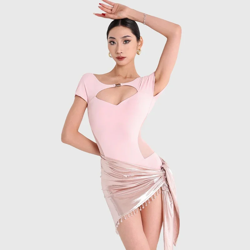 

Summer Latin Dance Clothing Women Chacha Tango Latin Dance Costume Short Sleeved Latin Top Laser Wrap Skirt Stage Wear