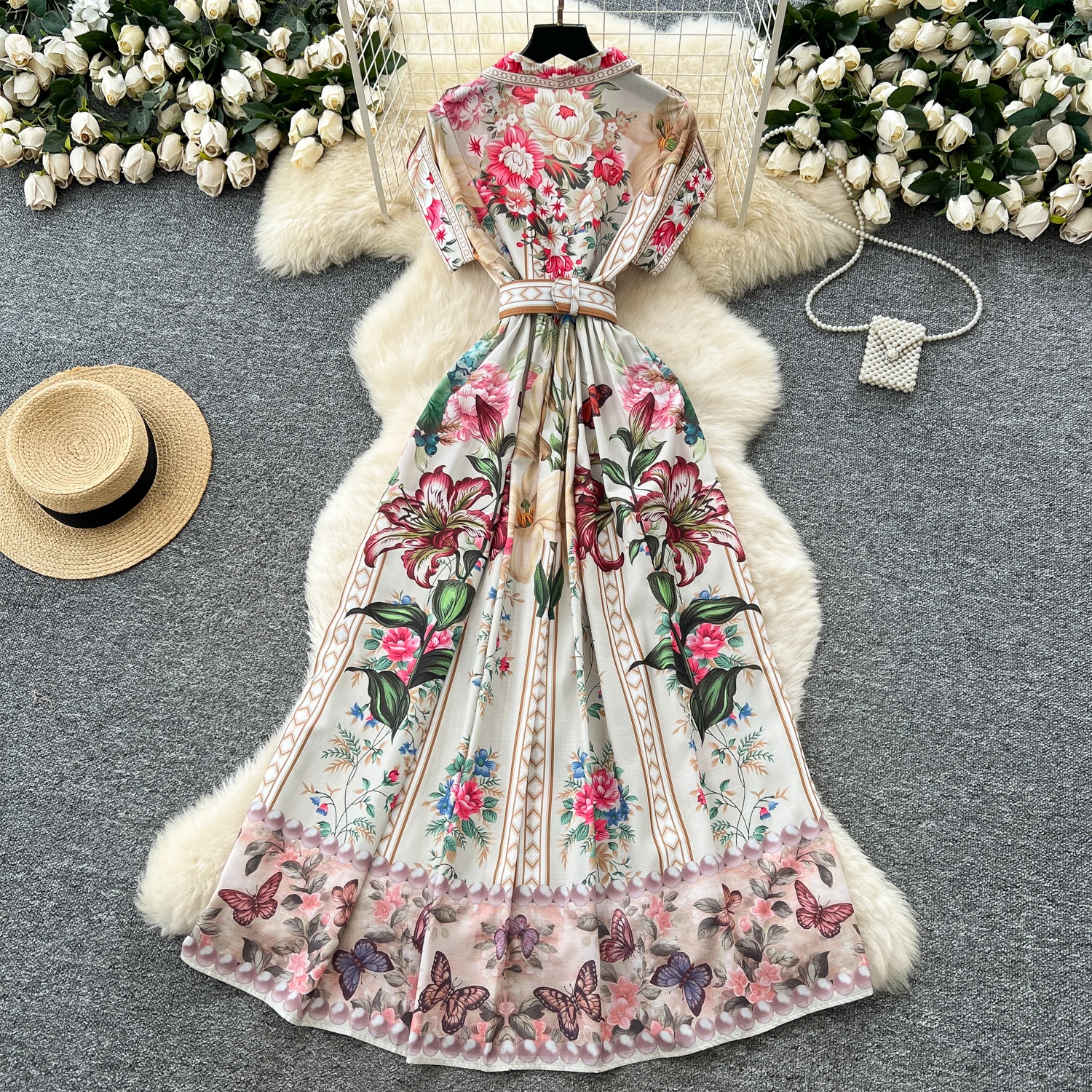 Długa sukienka maxi w stylu vintage, codzienna, w kwiaty, koszulowa, nowa, damska, letnia, z krótkim rękawem, kołnierzykiem w szpic, trzewik w stylu narodowym, sukienki w stylu bohemy z długim nadrukiem.