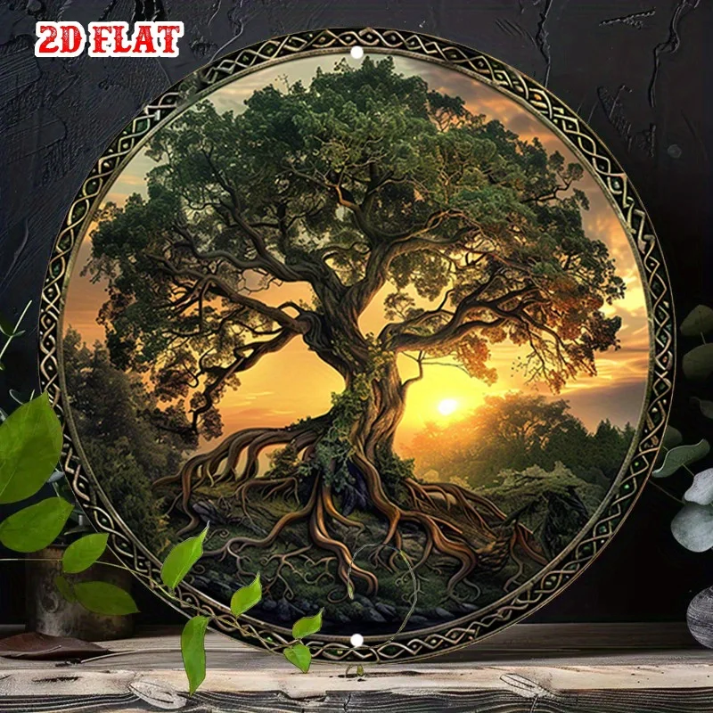 2D Flat - Round Aluminum Sign Featuring a 2D Flat Sunset Landscape Measuring 7.87X7.87 Inches, Along with a Tree of Life Design