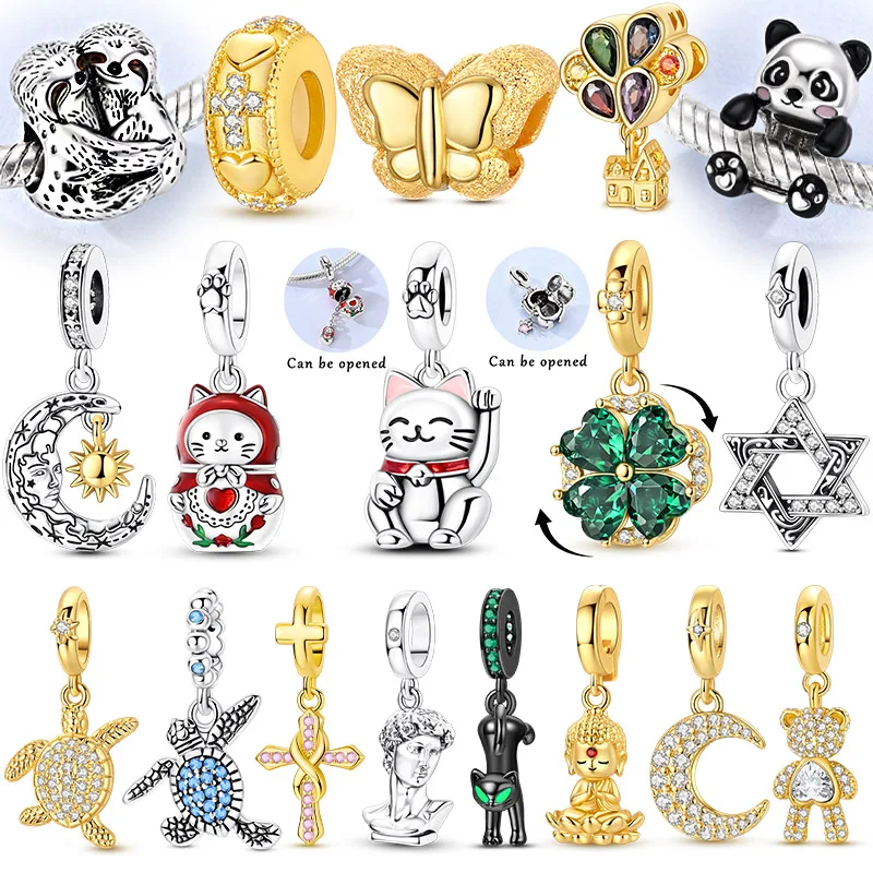 925 Sterling Silber Charms Perlen für Armbänder DIY für Frauen, Öffnungsfähiger Katzen-Matrjoschka-David-Anhänger, Modeschmuck