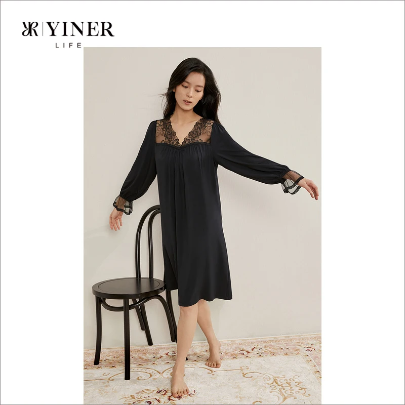 Embroidery lace with cups sexy sleep dress women's summer modal medium-length sleep dress with cups women's dress