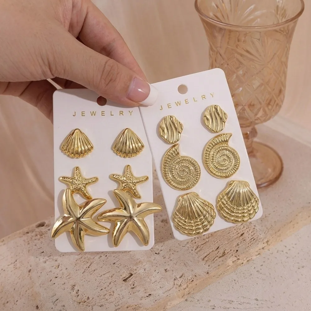 3 Pairs Vintage Bohemian Dangle Earring Gold Starfish Ocean Style Earrings Seashells Ear Studs Jewelry