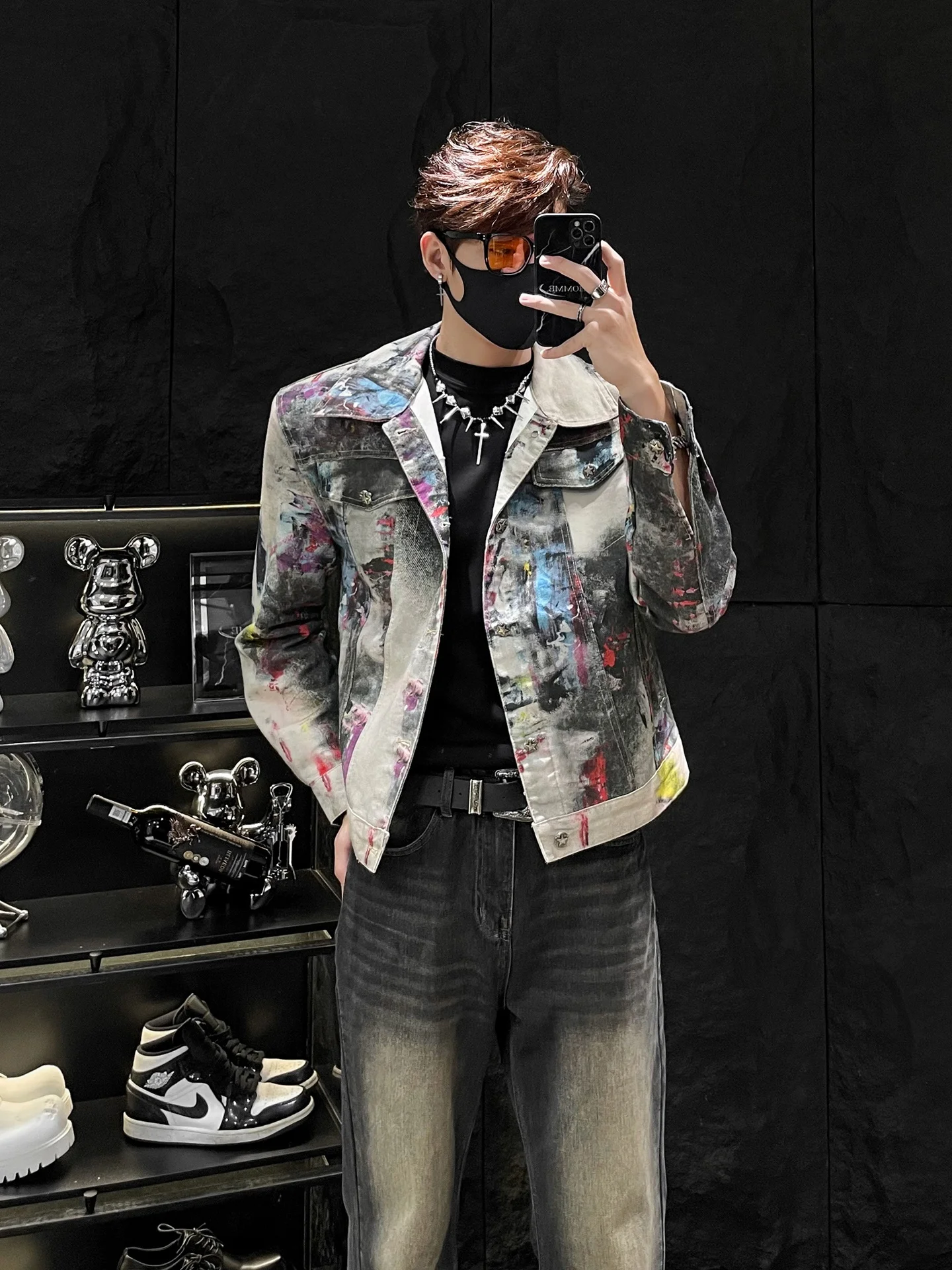 

High-End Tie-Dye Painted Denim Jaet ort Sle for Men Casual Loose Fit Autumn Faion Korean Sle Youth ular Jaet