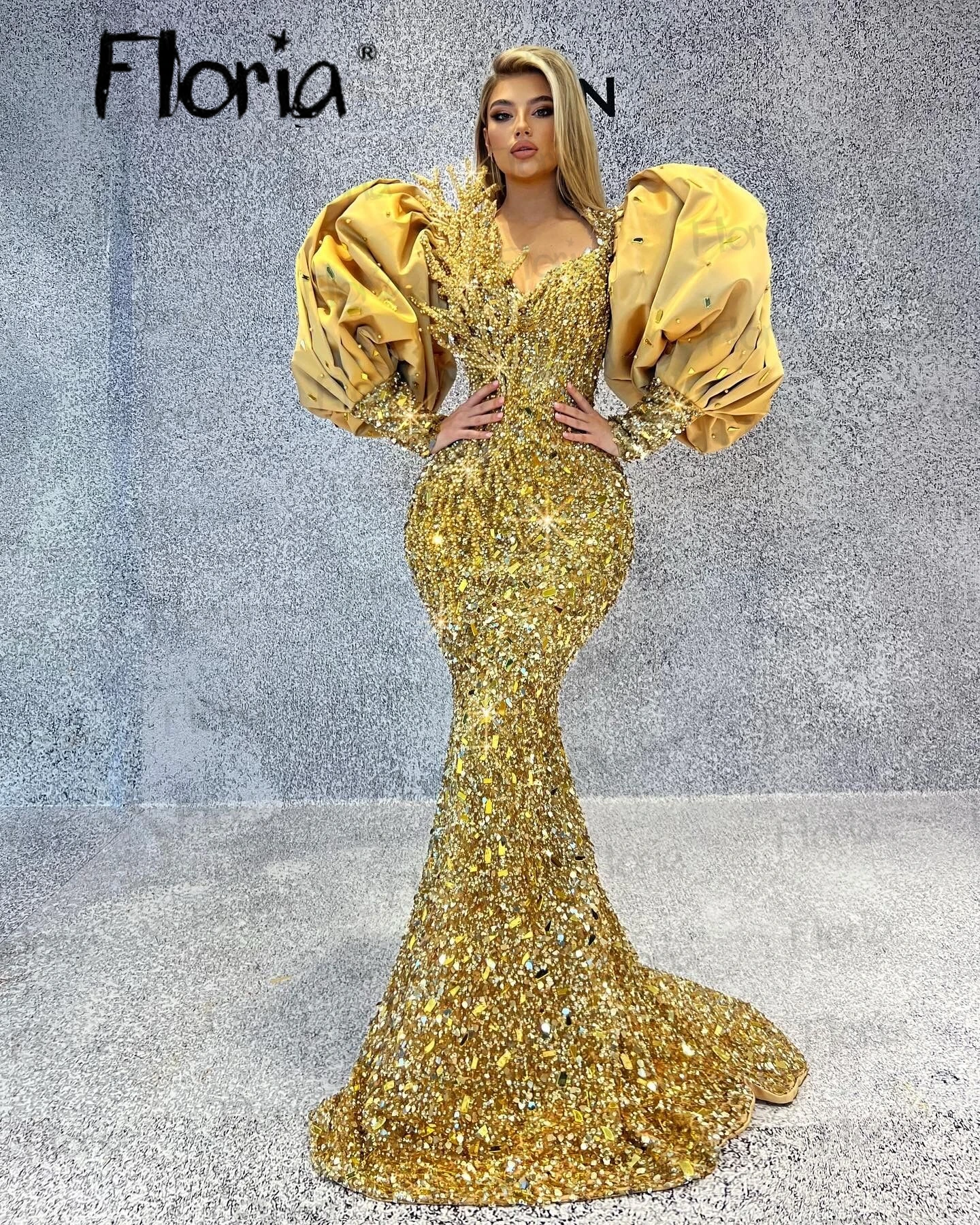 ชุดราตรีงานพรอมสีทองปักเลื่อมหรูหราแขนพองชุดแอฟริกันสำหรับผู้หญิงชุดแต่งงานสำหรับแขกมุสลิมขนาดใหญ่พิเศษ