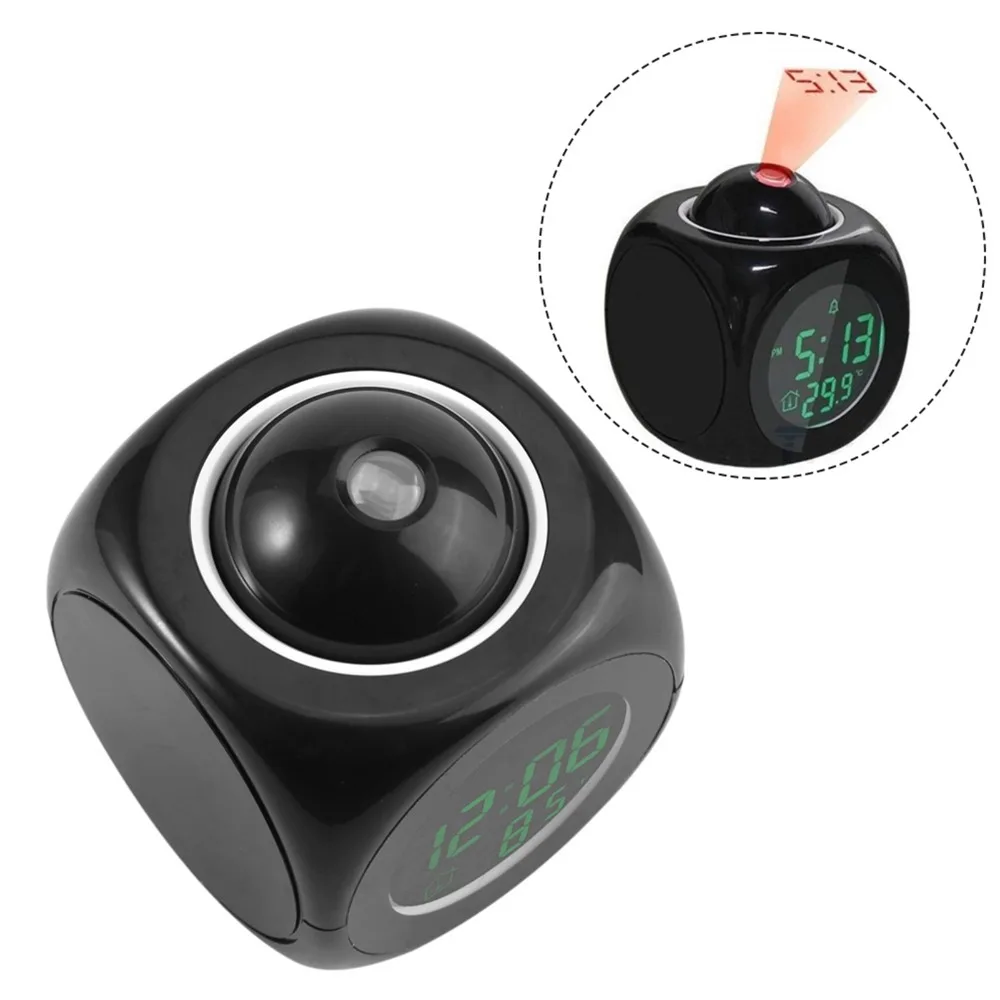 Plastic LED projection alarm clock Black 3.15x3.74in wall projection time clock Cube bedroom snooze clock