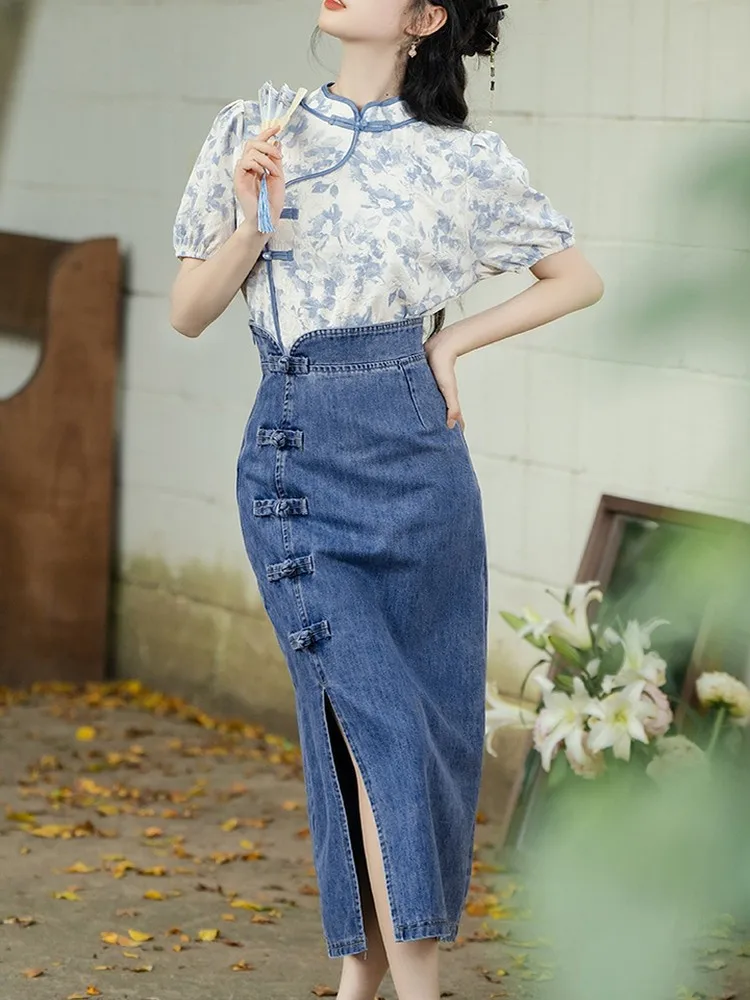 

Elegant National Style Shirt And Denim Skirt Women's Fashion Set Summer Collection Versatile Two-Piece Suit for All