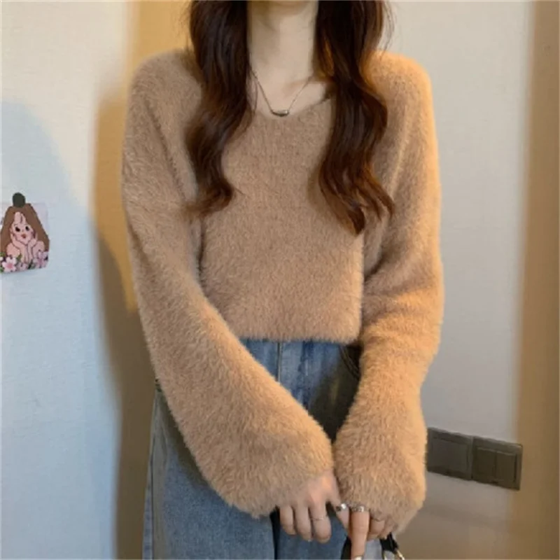 Women\'s Sweaters Plush Keep Warm Long Sleeve Round Neck Pullovers Flannel Solid Color Base Sweater for Autumn Winter ropa mujer