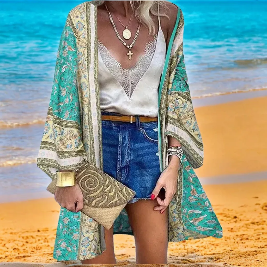 

Woman Kimono Bohemian Bikini Cover-ups Cardigan Swimsuit 2024 Woman Fashion Beach Cover Up Swimwear Women Long Sleeved Beachwear