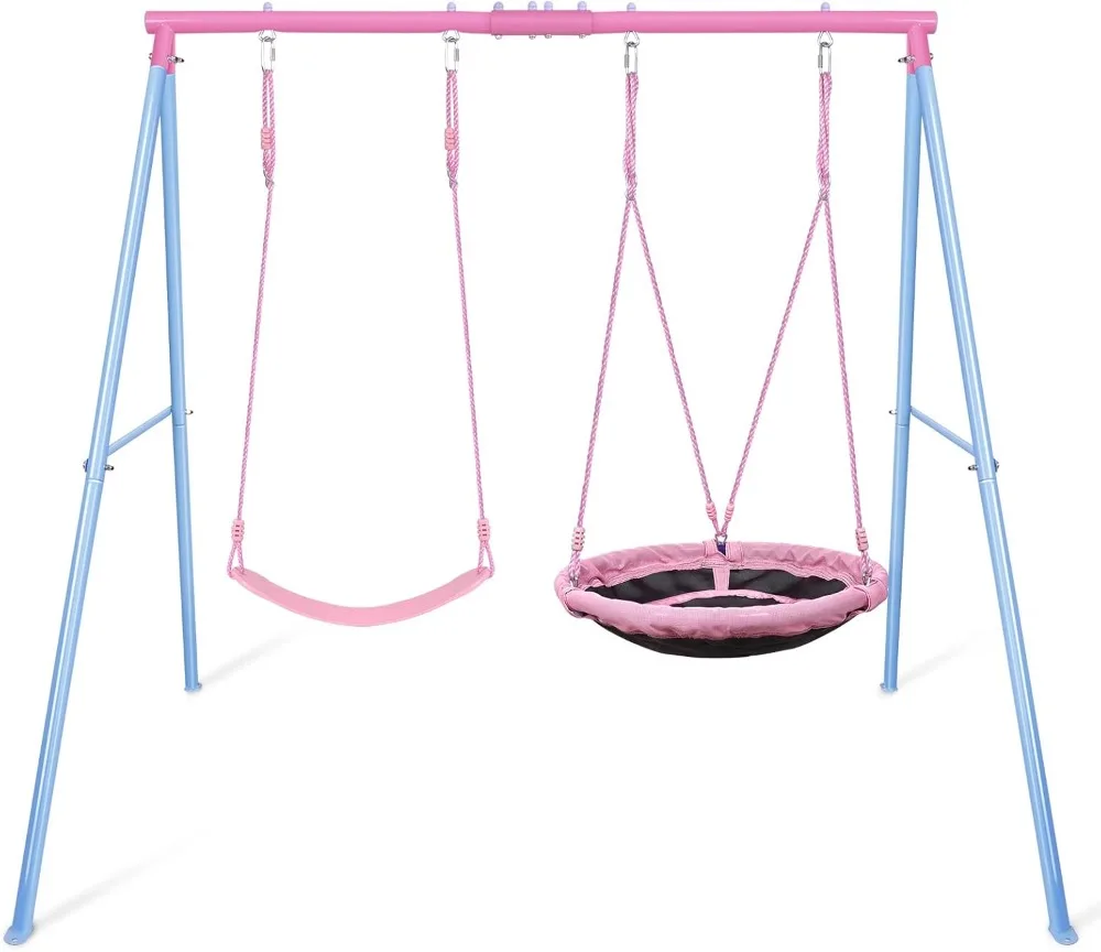 Swing Set, 440lbs, Heavy-Duty A-Frame Metal Outdoor Swing Stand, 1 Saucer & 1 Belt Swing seat for Playground, Backyard Pink