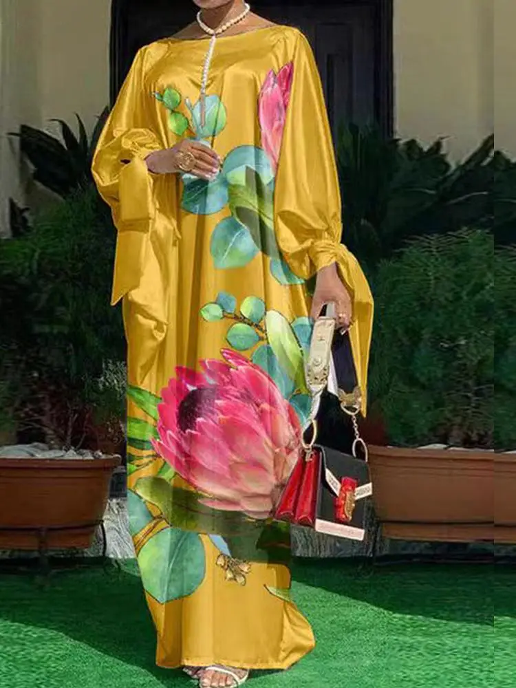 Grande taille soie imprimé Par Dr Ele rican Robe longue Satin Robe de soirée femmes Faion été a-ligne Midi Dr