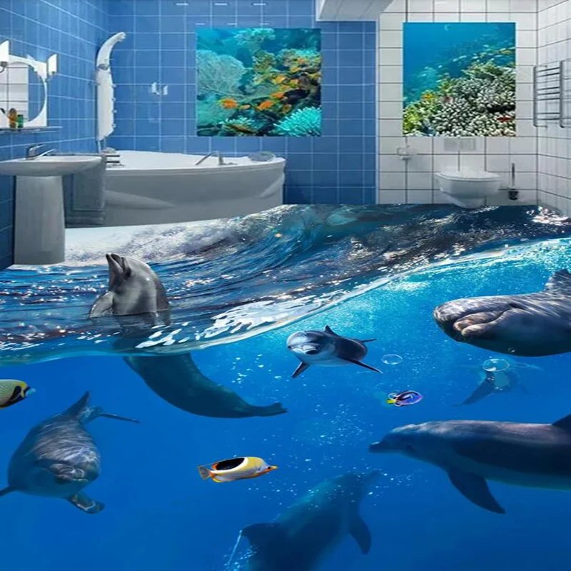 Cartoon Dolphins 3D Floor Painting Mural Wallpaper Bathroom Kids Bedroom PVC Self-Adhesive Waterproof Floor Wallpaper 3 D