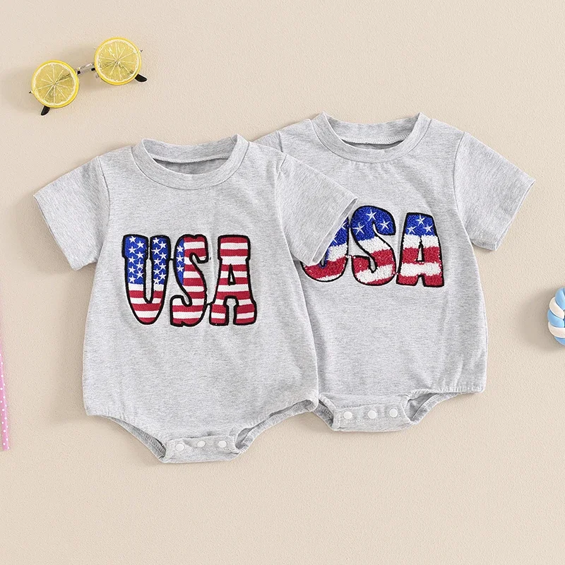 

Toddler Baby Girls Boys Romper Solid Short Sleeve Crew Neck Embroidery Letters Summer Bodysuit Clothes for Independence Day