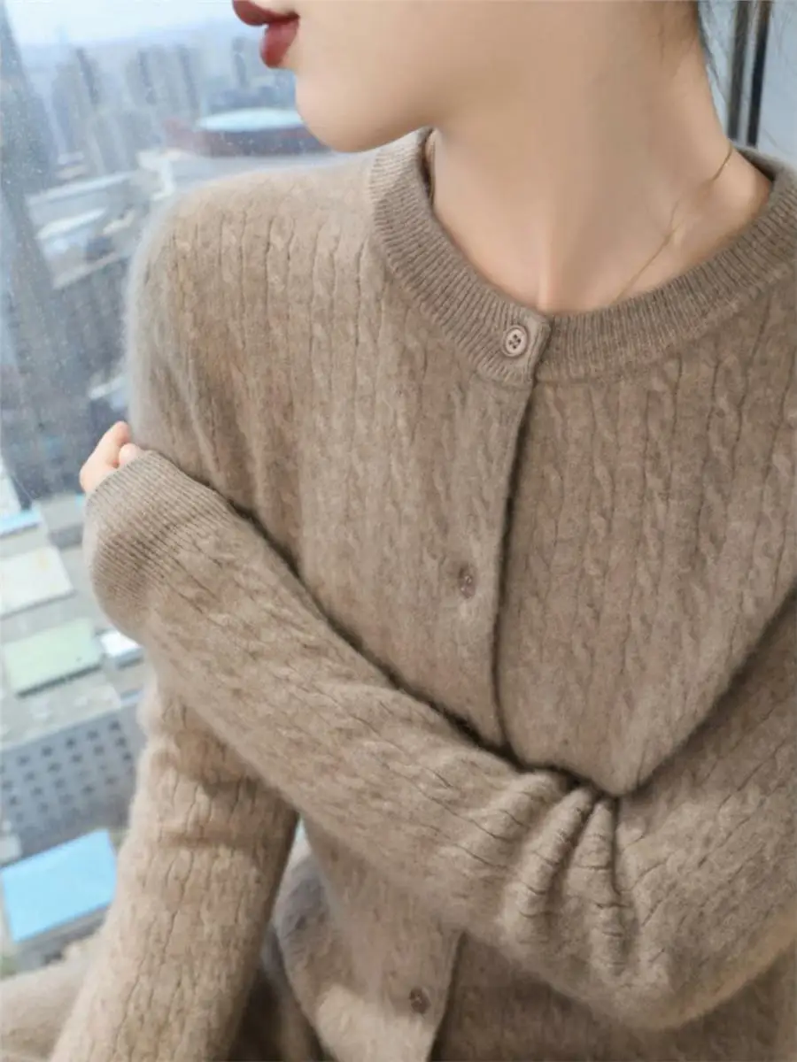 

Retro Twist Long Sve Knitted Open Cardigan Women's round Ne Sweater Outerwear Design Sensation Color Top