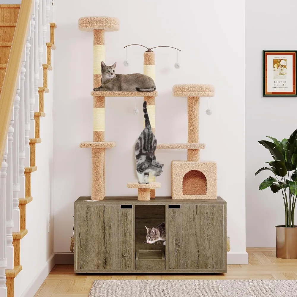 Double Cat Litter Box Enclosure with Cat Tree,Furniture Hidden for 2 Cats, All-in-one 70.9-Inch Litter Box Furniture with , Oak