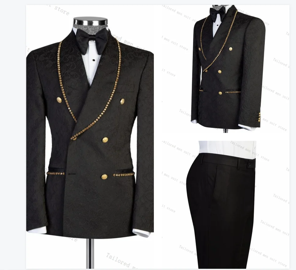 

Golden Stone Crystals Black Men Suits Set 2 Pieces Blazer+Pants Trousers Wedding Tuxedos Jacket Formal Office Groom Male Coat