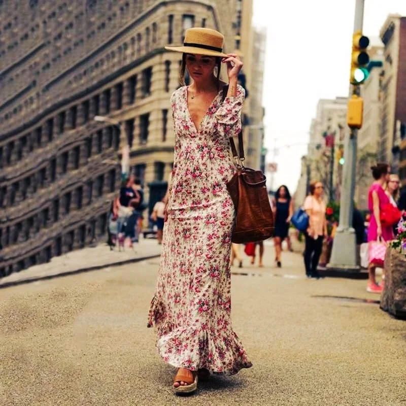 Floral Print Maxi Dress Women Spring 2023 Long Sleeve Vintage Deep V Neck Sexy Vestidos Beach Casual Wear Boho Long Dress