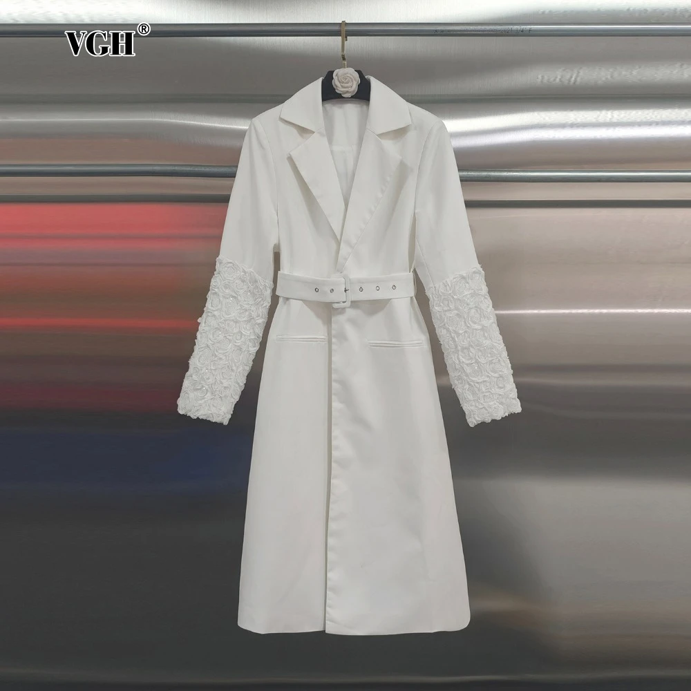 

VGH White Fashionable Patchwork Sashes Jacket for Women Lapel Long Sleeves Jacquard Decoration Office Midi Length Coat Female