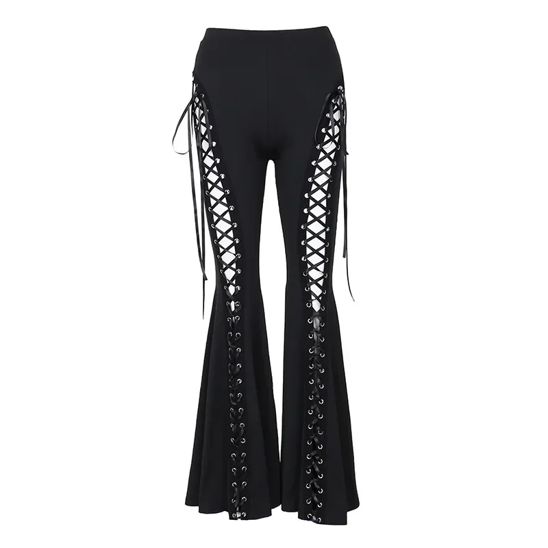 Women's Gothic Punk Lace-Up Flare Pants High Waist Black Stretch Trousers with Side Lacing Streetwear Hollow Cut Out Bell Bottom
