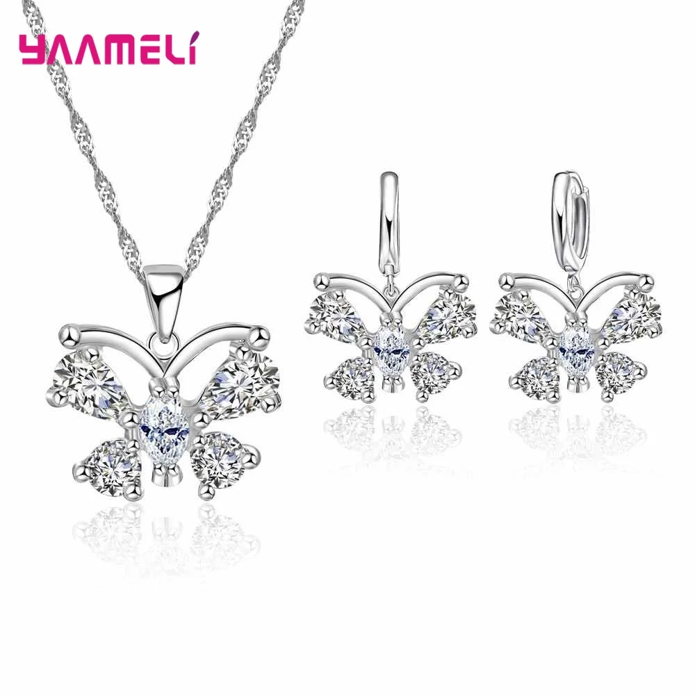 Cheap Sale 925 Sterling SilverCrystal Flower Square Pendant Necklace Earrings Jewelry Set For Women Girls Wedding Engagement