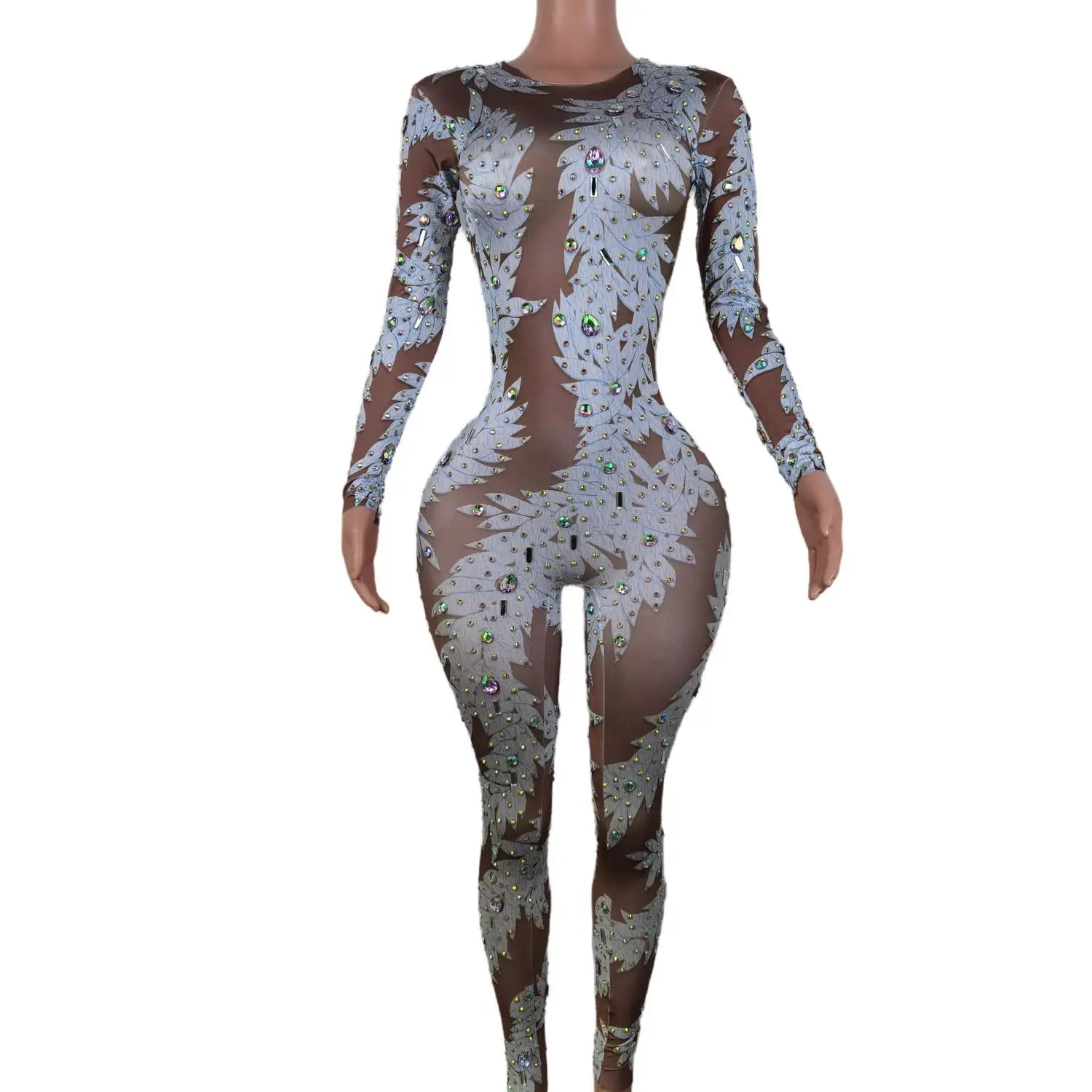 Fashion Printed Acrobatics Leotard Nightclub Pole Dance Clothes Stones Rave Outfit Festival Women Jumpsuit Stage Costume Baiyezi