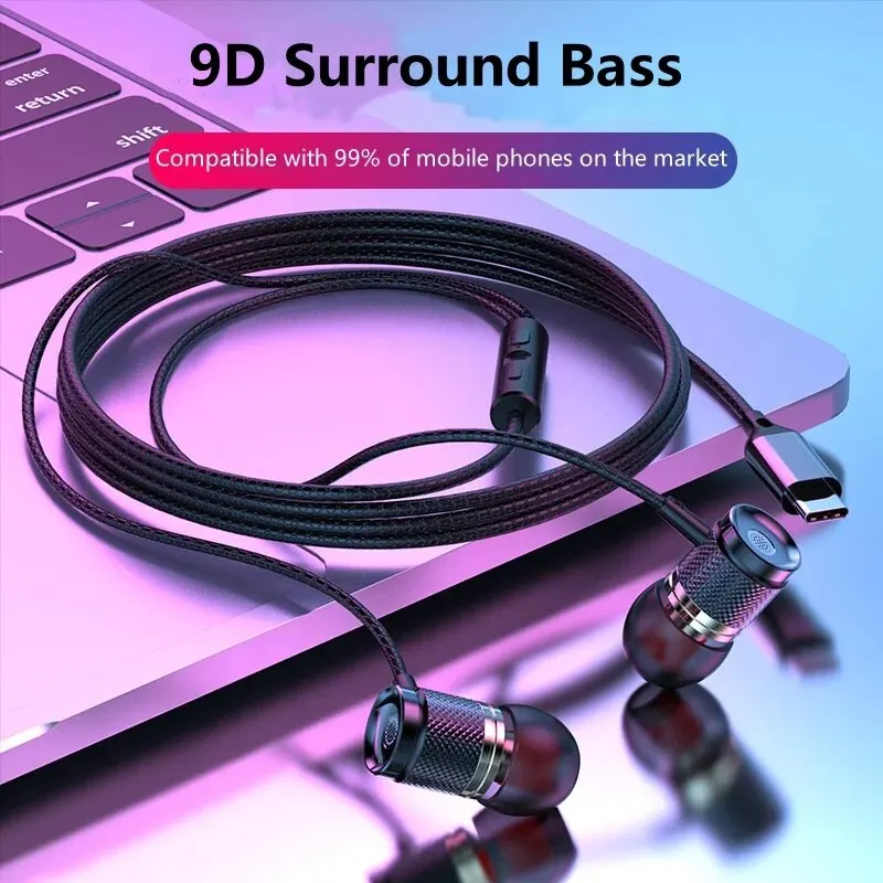 9D HIFI Heavy Bass In Ear Earphone 3.5MM AUX/Type-C Digital Headphone Stereo Wired Headset With Mic Earbuds For Samsung Android