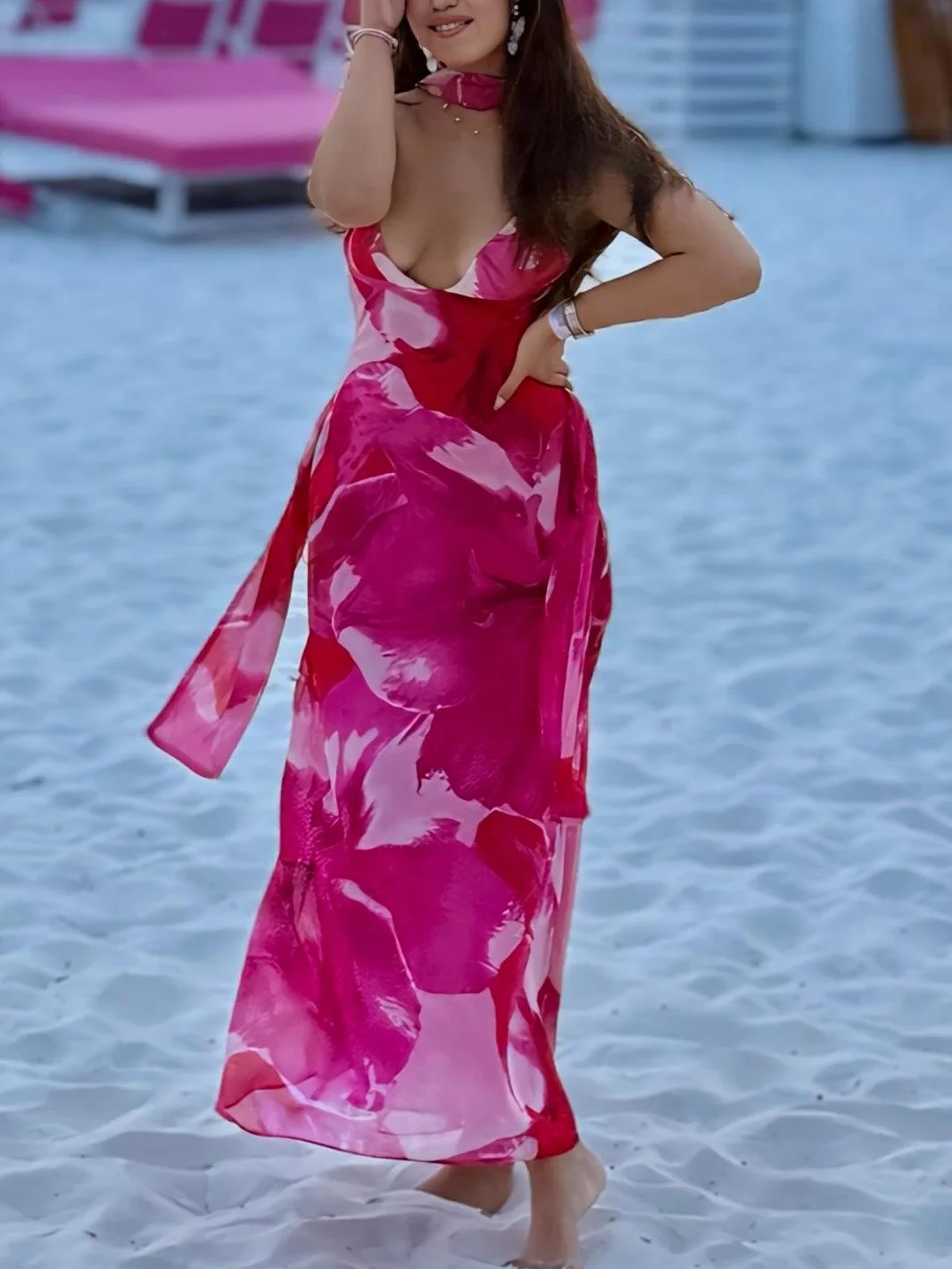 

Summer Elegant Printed Suspender Maxi Dress Women Sleeveless Backless V-Neck Lace-up Dress 2025 New Beach Y2K Clothing