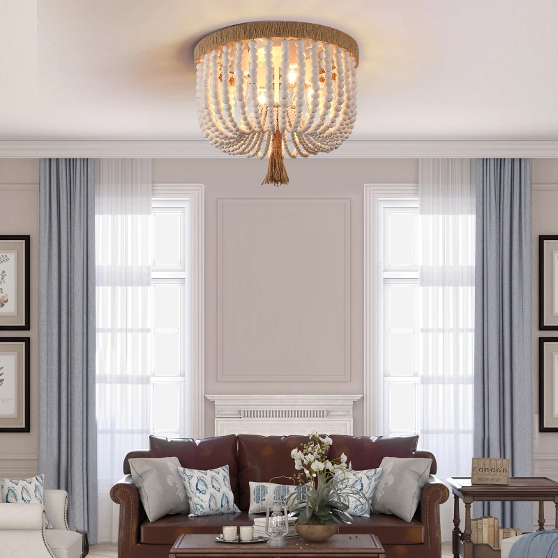 American Creative Wooden Bead Ceiling Lamp Romantic Decorative Bedroom Living Room Rural Kitchen Restaurant LED Lighting Fixture