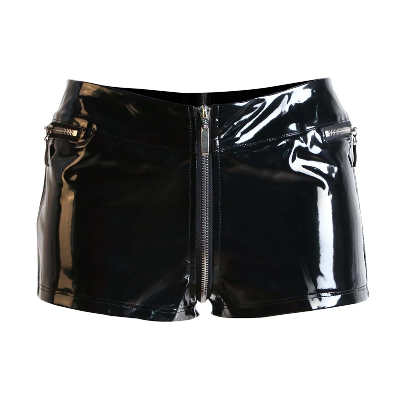 

Women Shorts Black Sexy Punk Leather Zip Open Crotch Short Pants Skinny Hip Lift Nightclub Performance Clubwear Casual Hot Pants