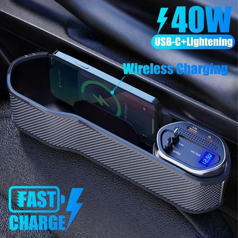Wireless Charging Car Seat Gap Organizer with 40W USB-C/Lightning Fast Charge Cable Auto Center Console Storage Box