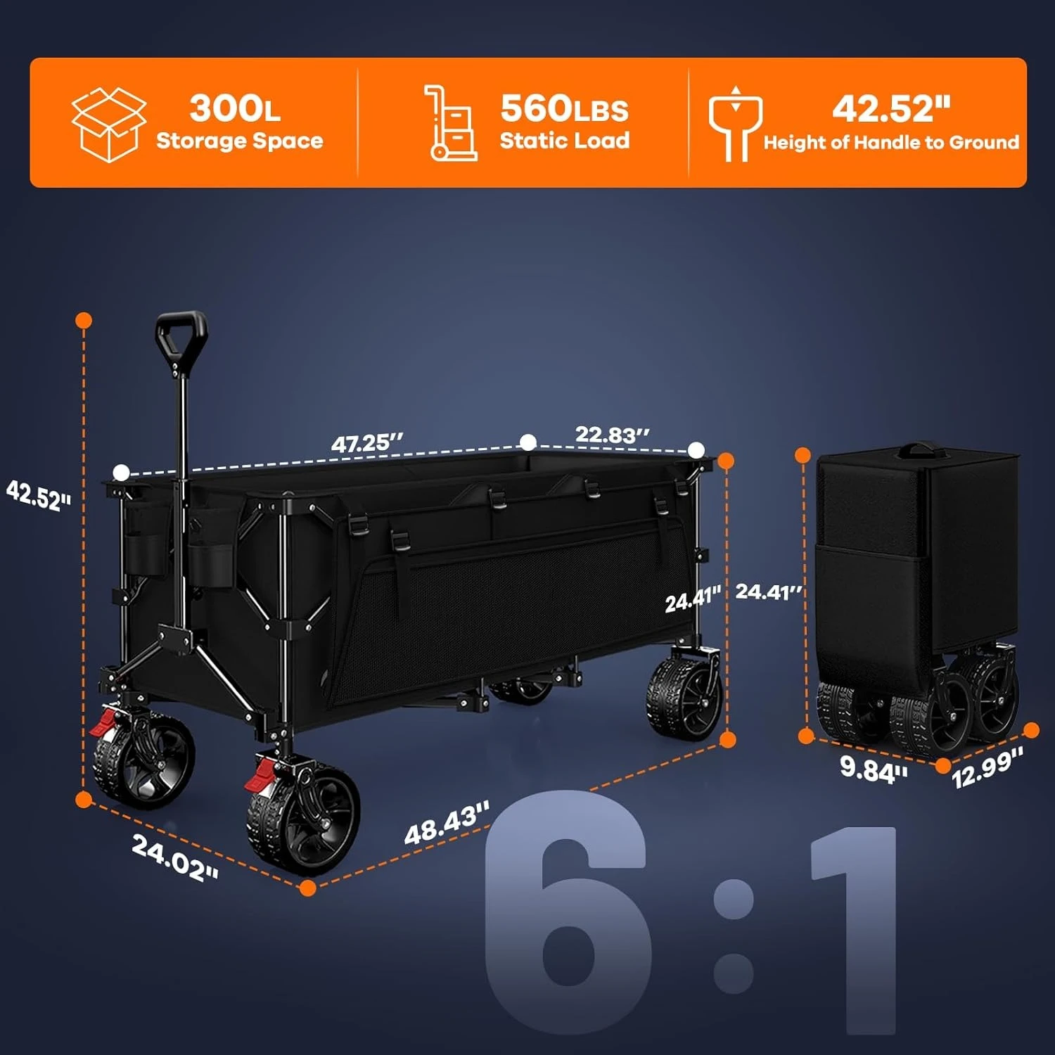 

48" L Collapsible Wagon Cart Foldable, 560LB Weight Capacity 300L Heavy Duty Folding Beach Wagons with Big All-Terrain Wheels