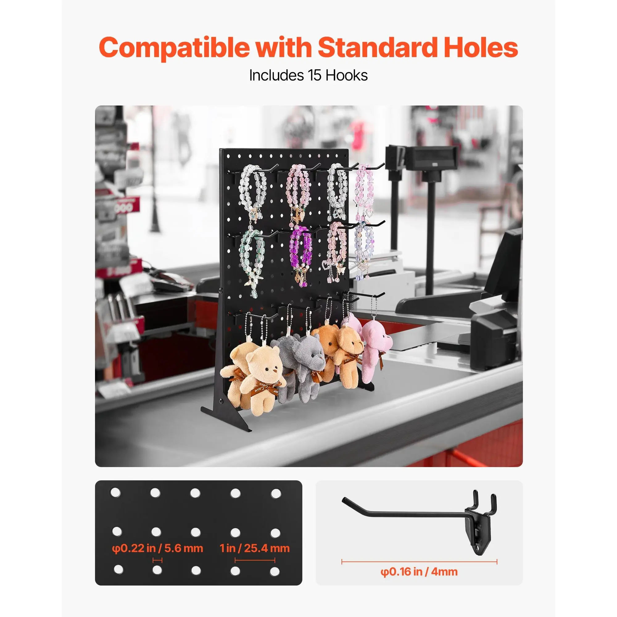 Pegboard Display Stand, 17 x 13 Inch Tabletop Pegboard Display Stand with 15 Hooks, Thickened Cold-Rolled Steel Peg Board Panel for Grocery, Retail Store and Jewelry Shop, Black (1 PCS)