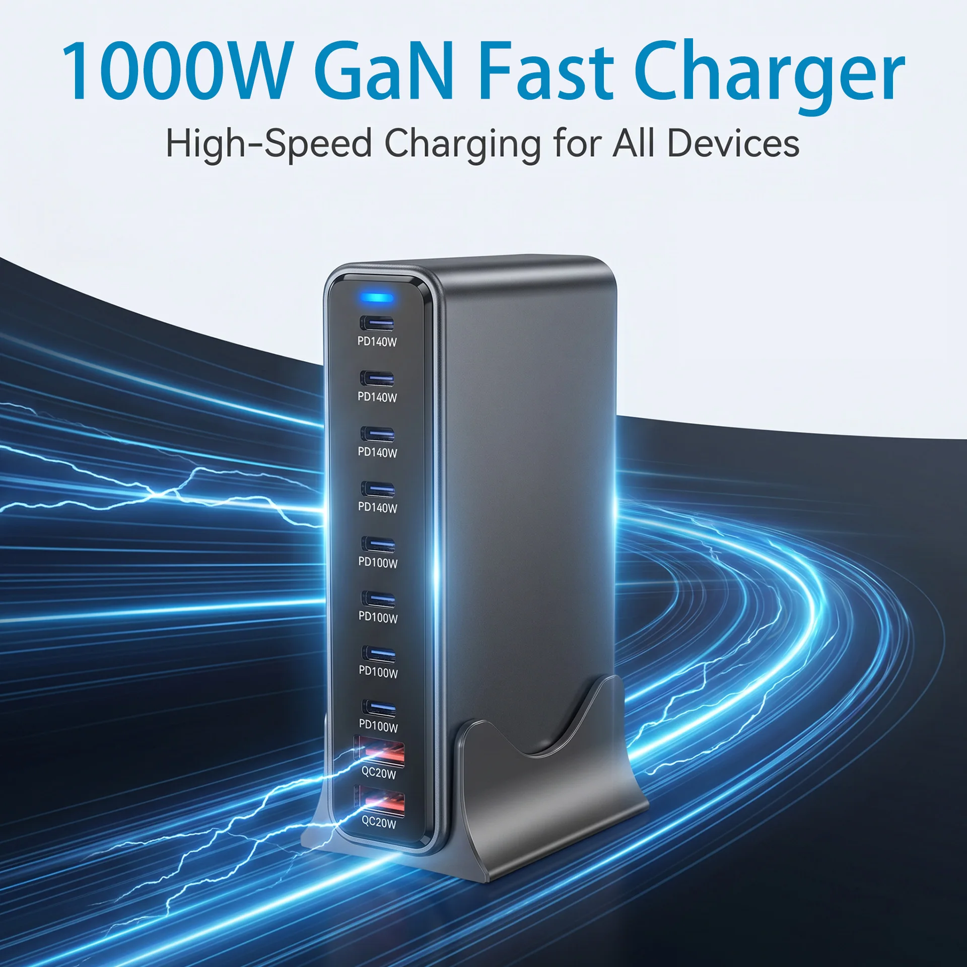 Hot 1000W 10-Port PD3.1 Desktop GaN Charger Fast Charging Station Adapters Multi-Device USB-C Hub for Laptop Phone Home Office