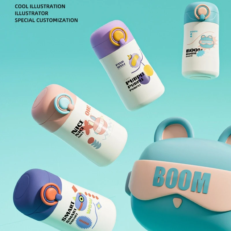 High looks quotient Cute Cartoon Kids Water Bottle Portable Mini Thermos Cup 316Stainless Steel Flip Straw Cup for School Travel view 3