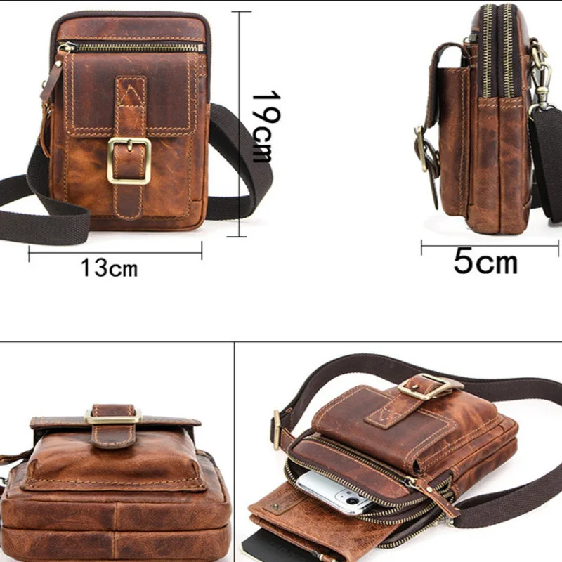 British Style Top Layer Cowhide Crazy Horse Cowhide Men One Shoulder Crossbody Bag Fashion Casual Leather Sports Phone Waistpack