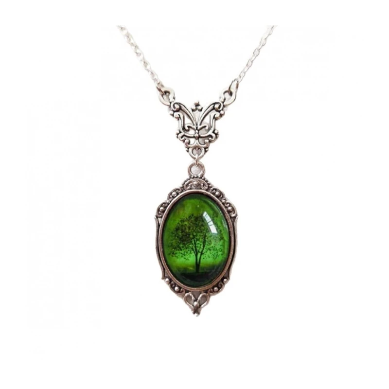 Oval Emeral Pendant Necklace with and Alloy Chain, Lightweight Fashion Jewelry for Daily Wear, Dates, Casual E0BF