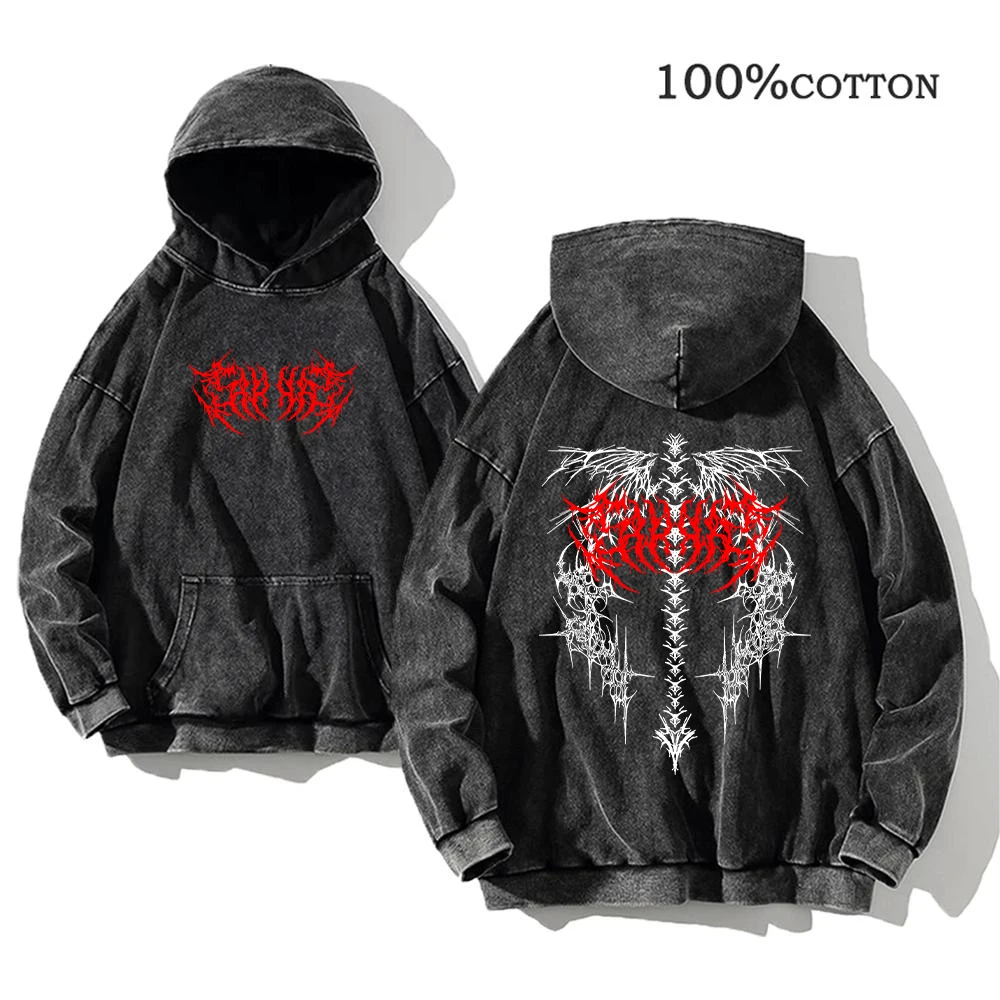Men's Vintage Washed Hoodies Gothic Thorn Wing Print Pure Cotton Pullover For Autumn Casual Daily Commute And Streetwear Styles