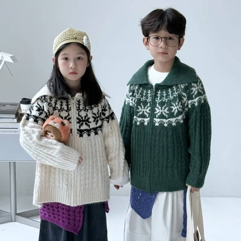 

Children Sweater 2025 Autumn Winter Zipper Vintage Knitted Jackets for Kids Boys Girls Casual Christmas Coats Teenager Outfits