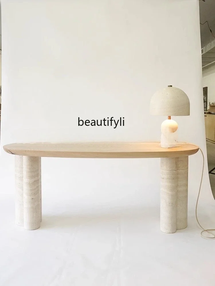 

Natural travertine desk, wabi-sabi wind, book desk large marble oval computer desk