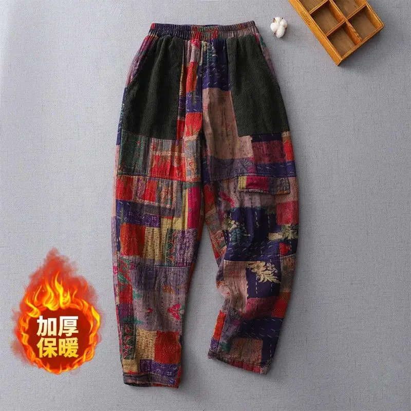 Retro Ethnic Style Printed Cotton Pants For Women 2024 Autumn Winter Loose Oversized Cotton Padded Thick And Warm Tousers k2580