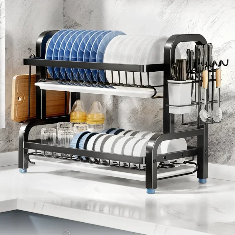 Multi-level Kitchen Dish Drying Rack with Utensil Holder and Drainboard Set Compact Rust-Proof Large 2-Tier Supplies Storage